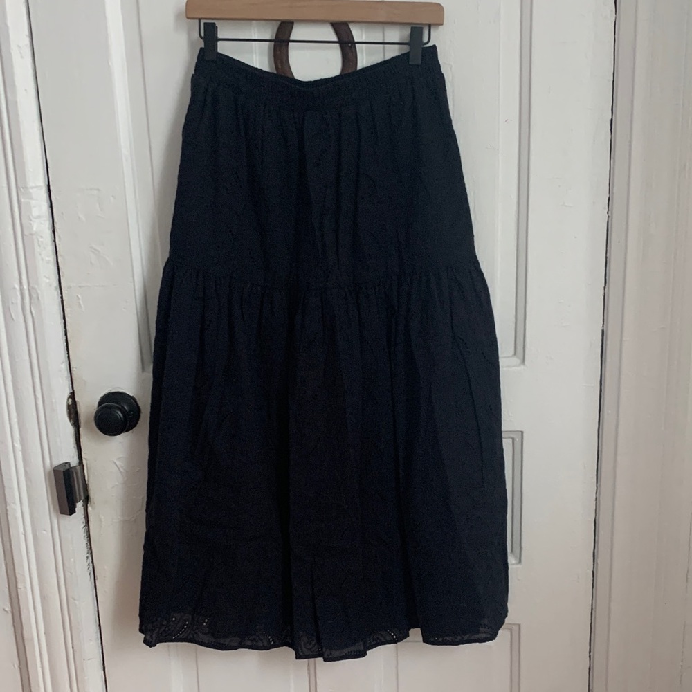 Black eyelet tiered midi skirt